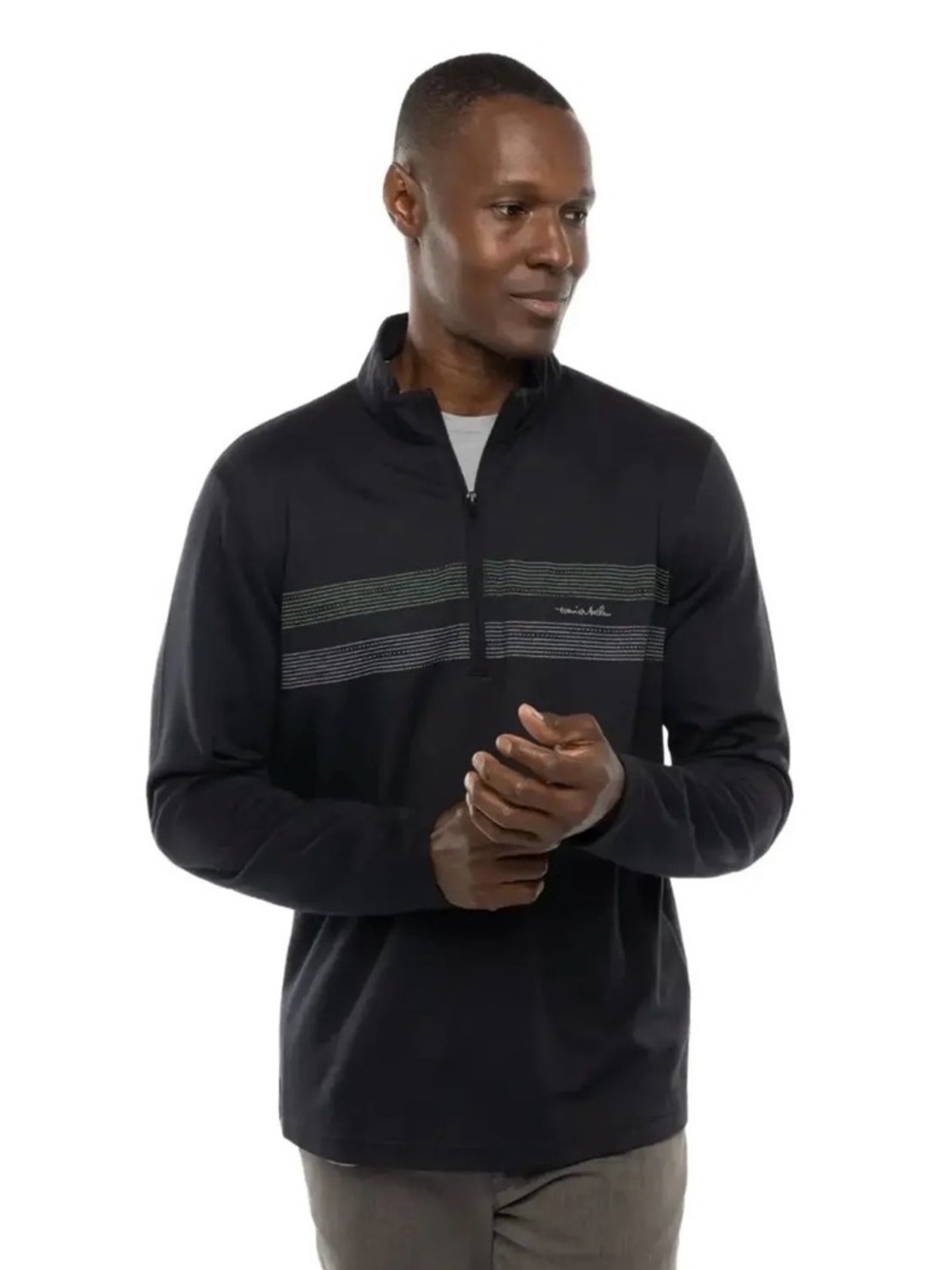 Travis Mathew Black Long-Sleeve 1/4 Zip Sweater with Gray and Green Stripes